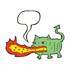 cartoon fire breathing imp with speech bubble N9