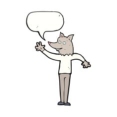 cartoon waving wolf man with speech bubble N5
