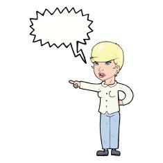 cartoon woman pointing finger of blame with speech bubble N9