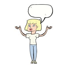cartoon woman holding up hands with speech bubble N18