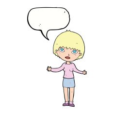cartoon woman shrugging with speech bubble N53