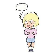 cartoon woman making Who Me? gesture with speech bubble N40
