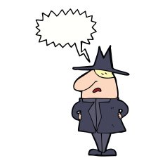 cartoon man in coat and hat with speech bubble N8