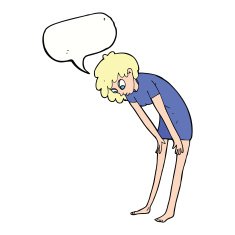 cartoon woman looking at her feet with speech bubble N9