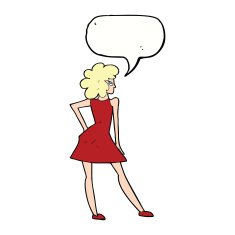 cartoon woman posing in dress with speech bubble N34