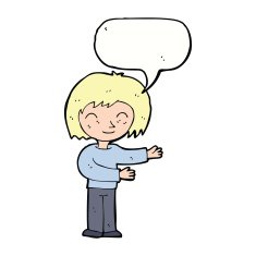 cartoon woman gestureing welcome with speech bubble