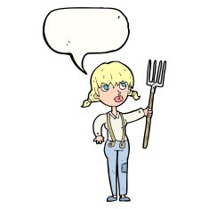 cartoon farmer girl with speech bubble N9