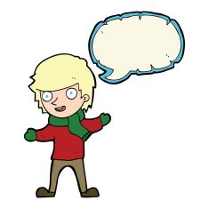cartoon boy in winter clothes with speech bubble N9