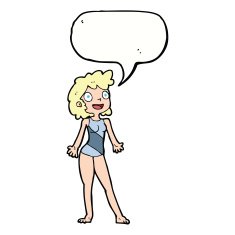 cartoon woman in swimming costume with speech bubble N9