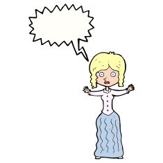cartoon worried victorian woman with speech bubble N9