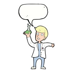 cartoon happy scientist with speech bubble N8