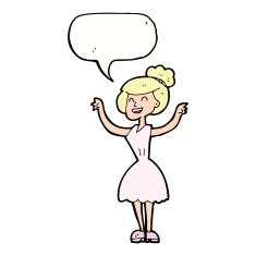 cartoon woman with raised arms speech bubble N9