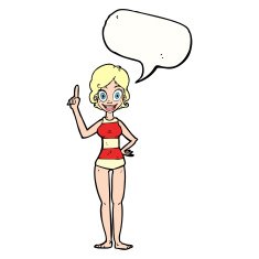 cartoon woman in striped swimsuit with speech bubble N9