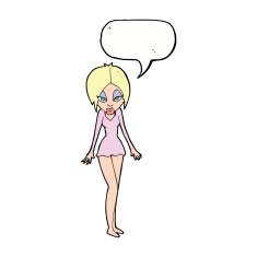 cartoon woman in short dress with speech bubble N9