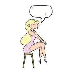 cartoon woman sitting on stool with speech bubble N18
