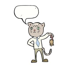 cartoon business cat with dead mouse speech bubble N8