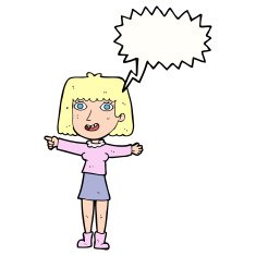 cartoon happy woman pointing with speech bubble N62