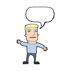 cartoon waving stressed man with speech bubble N9