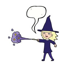 cartoon witch girl casting spell with speech bubble N17