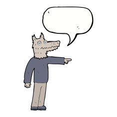 cartoon wolf man pointing with speech bubble N9