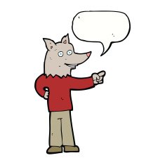 cartoon wolf man pointing with speech bubble N10