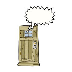 cartoon old wood door with speech bubble