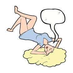 cartoon woman lying on floor with speech bubble N18