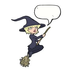 cartoon witch riding broomstick with speech bubble N18