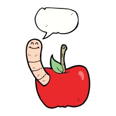 cartoon apple with worm speech bubble N42