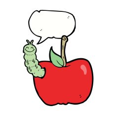 cartoon apple with bug speech bubble N25