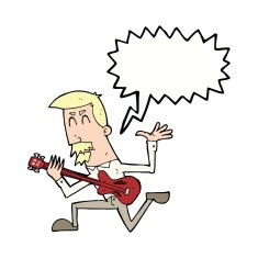 cartoon man playing electric guitar with speech bubble N15
