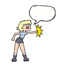 cartoon woman punching with speech bubble N9