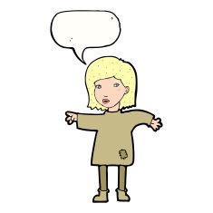 cartoon woman in patched clothing with speech bubble N9
