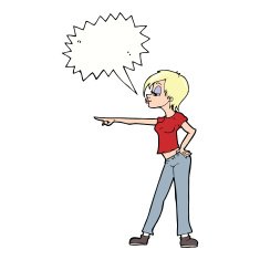 cartoon hip woman pointing with speech bubble N9