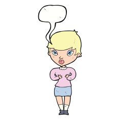 cartoon woman gesturing at self with speech bubble N27