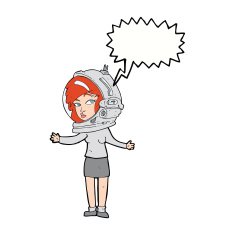 cartoon woman wearing astronaut helmet with speech bubble N9