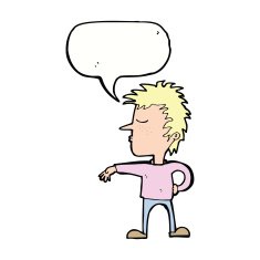 cartoon man making camp gesture with speech bubble N27