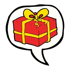 cartoon christmas present with speech bubble