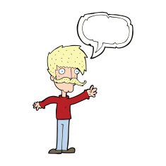 cartoon waving mustache man with speech bubble N9