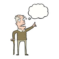 cartoon old man with walking stick thought bubble N7