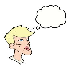 cartoon male model guy with thought bubble N9