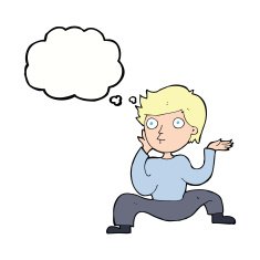 cartoon boy doing crazy dance with thought bubble N8