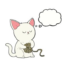 cartoon cat playing with ball of yarn thought bubble