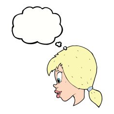 cartoon pretty female face with thought bubble N80