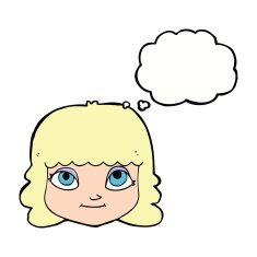 cartoon happy female face with thought bubble N150