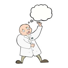 cartoon mad scientist with thought bubble N9
