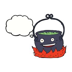 cartoon witch's cauldron with thought bubble