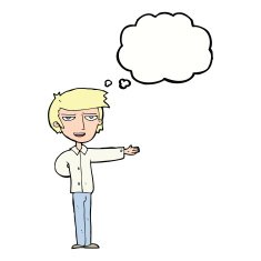 cartoon man gesturing welcome with thought bubble N9
