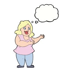 cartoon happy fat woman with thought bubble N5