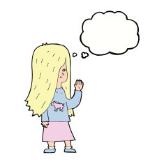 cartoon girl with pony shirt waving thought bubble N8